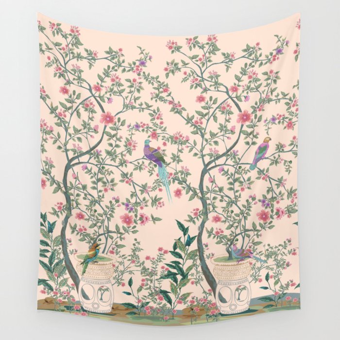 Chinoiserie Peach Fresco Floral Garden Birds Oriental Botanical Wall Tapestry Gallery Image 4