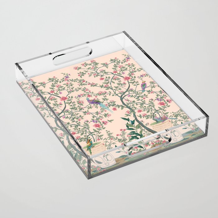 Chinoiserie Peach Fresco Floral Garden Birds Oriental Botanical Acrylic Tray Gallery Image 1