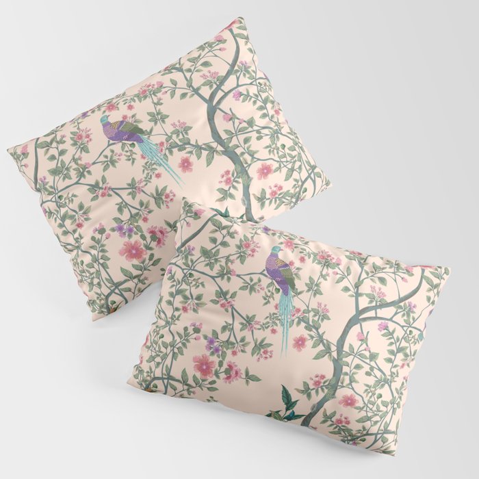 Chinoiserie Peach Fresco Floral Garden Birds Oriental Botanical Pillow Sham Gallery Image 3