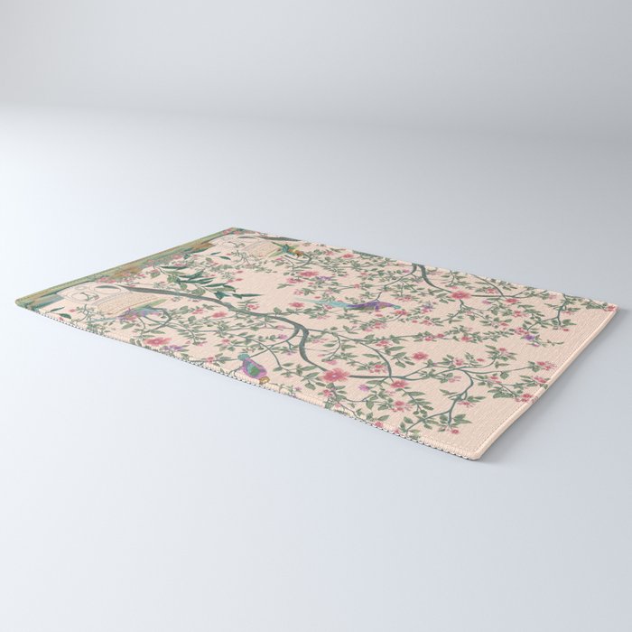 Chinoiserie Peach Fresco Floral Garden Birds Oriental Botanical Rug Gallery Image 3