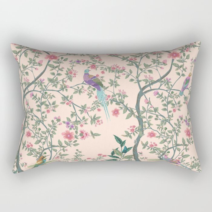 Chinoiserie Peach Fresco Floral Garden Birds Oriental Botanical Rectangular Pillow Gallery Image 1