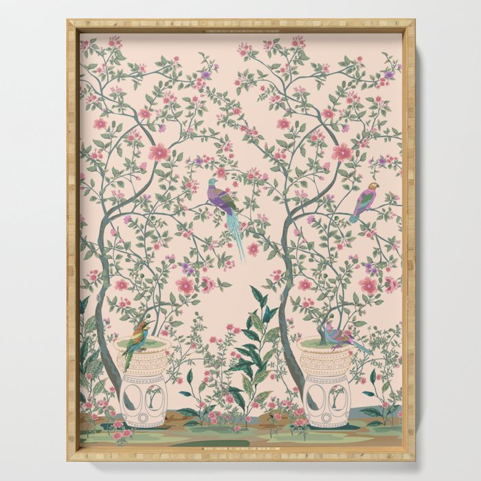 Chinoiserie Peach Fresco Floral Garden Birds Oriental Botanical Serving Tray Gallery Image 1