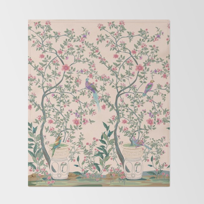 Chinoiserie Peach Fresco Floral Garden Birds Oriental Botanical Throw Blanket Gallery Image 2