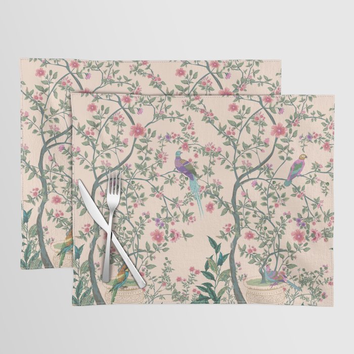 Chinoiserie Peach Fresco Floral Garden Birds Oriental Botanical Placemat Gallery Image 1