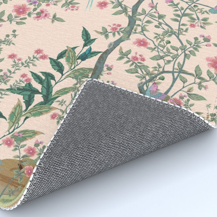 Chinoiserie Peach Fresco Floral Garden Birds Oriental Botanical Rug Gallery Image 4