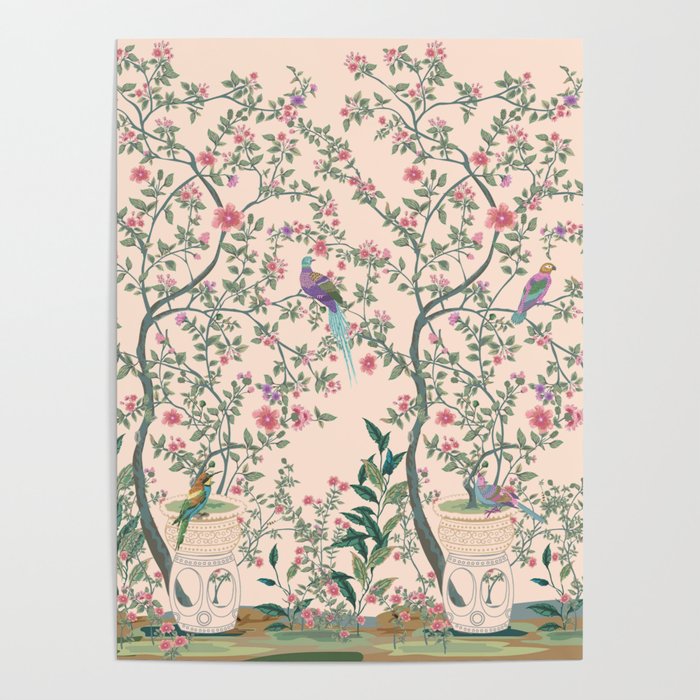 Chinoiserie Peach Fresco Floral Garden Birds Oriental Botanical Poster Gallery Image 4