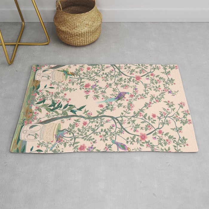 Chinoiserie Peach Fresco Floral Garden Birds Oriental Botanical Rug Gallery Image 1