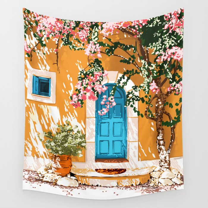 Oh The Places You Will Go | Spanish Bougainvillea Villa architecture Buildings | Boho Summer Travel Wall Tapestry Gallery Image 4