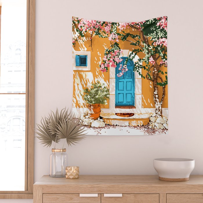 Oh The Places You Will Go | Spanish Bougainvillea Villa architecture Buildings | Boho Summer Travel Wall Tapestry Gallery Image 2