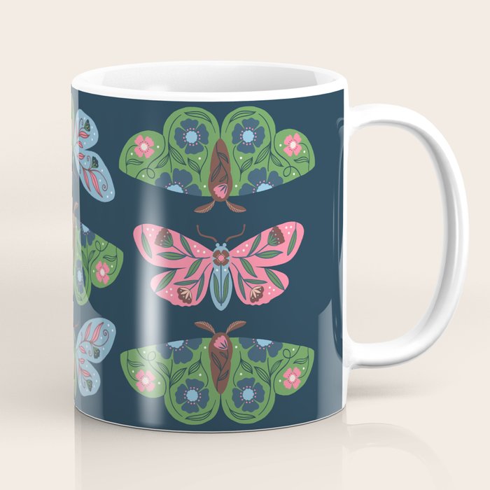 Folk Floral Moths and Butterflies Blue Coffee Mug Gallery Image 1