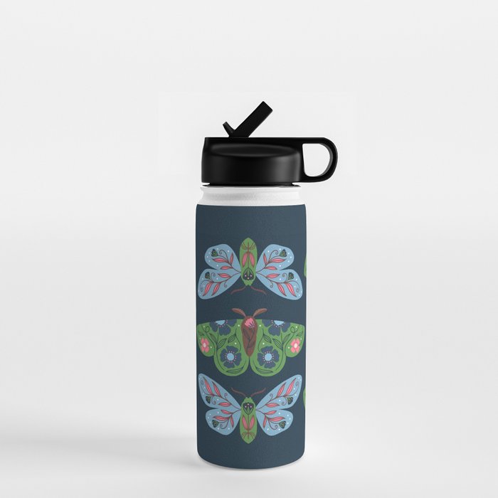 Folk Floral Moths and Butterflies Blue Water Bottle Gallery Image 1