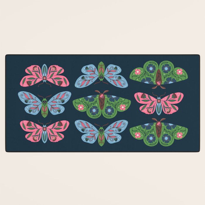 Folk Floral Moths and Butterflies Blue Desk Mat Gallery Image 3