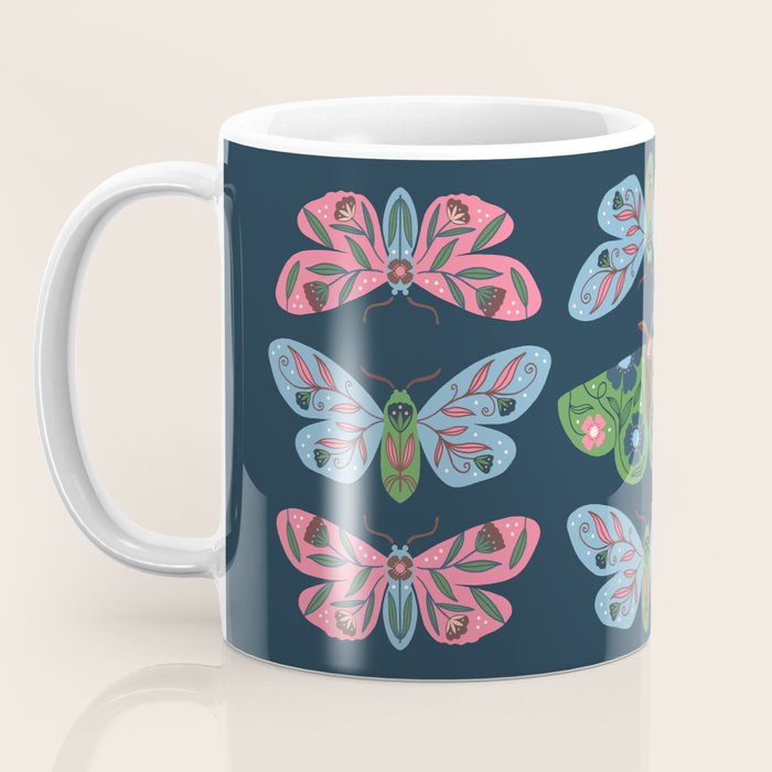 Folk Floral Moths and Butterflies Blue Coffee Mug Gallery Image 3