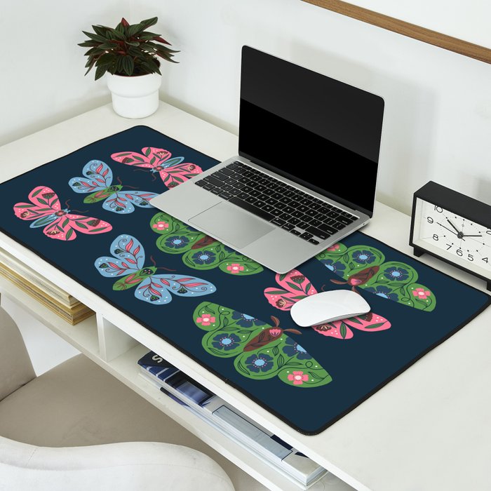 Folk Floral Moths and Butterflies Blue Desk Mat Gallery Image 2