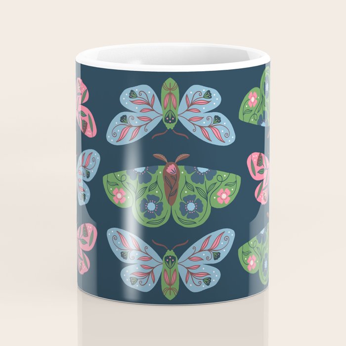Folk Floral Moths and Butterflies Blue Coffee Mug Gallery Image 4