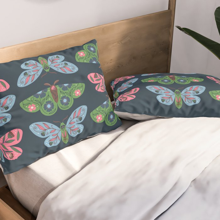 Folk Floral Moths and Butterflies Blue Pillow Sham Gallery Image 2