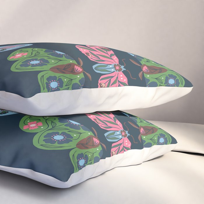 Folk Floral Moths and Butterflies Blue Pillow Sham Gallery Image 3