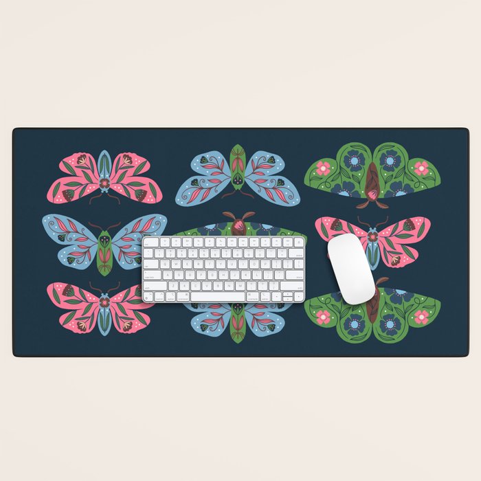 Folk Floral Moths and Butterflies Blue Desk Mat Gallery Image 1