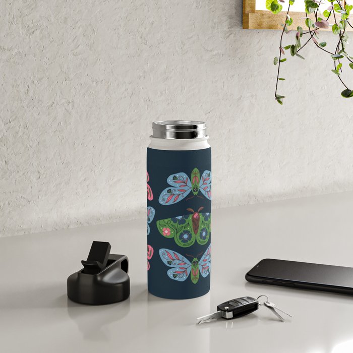 Folk Floral Moths and Butterflies Blue Water Bottle Gallery Image 4