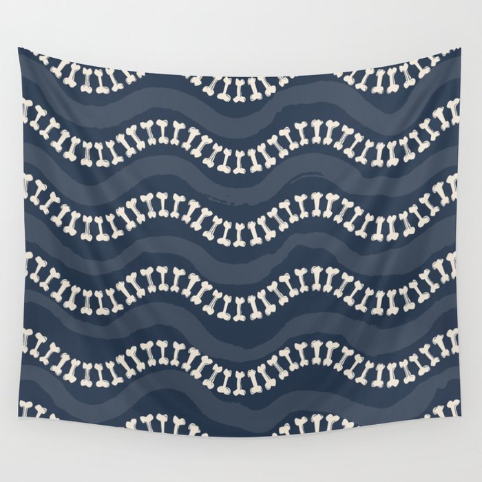 Wavy path of bones - navy blue Wall Tapestry Gallery Image 1