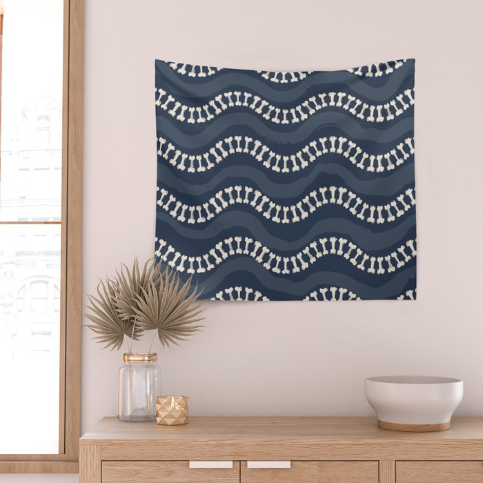 Wavy path of bones - navy blue Wall Tapestry Gallery Image 2
