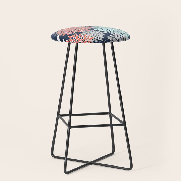Floral Prints and Leaves, Navy, Aqua Coral and Gray Stool Gallery Image 1