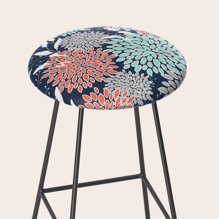 Floral Prints and Leaves, Navy, Aqua Coral and Gray Stool Gallery Image 2