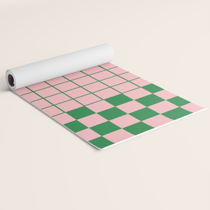 Grid Check Pink and Green Checkered Pattern Yoga Mat Gallery Image 2