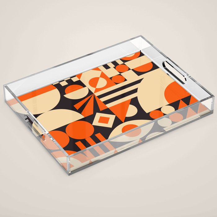 Bauhaus Mid Century Abstract Shapes black and orange  Acrylic Tray Gallery Image 1