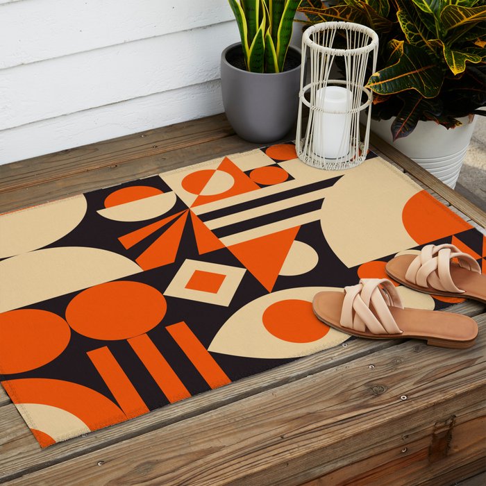 Bauhaus Mid Century Abstract Shapes black and orange  Outdoor Rug Gallery Image 2