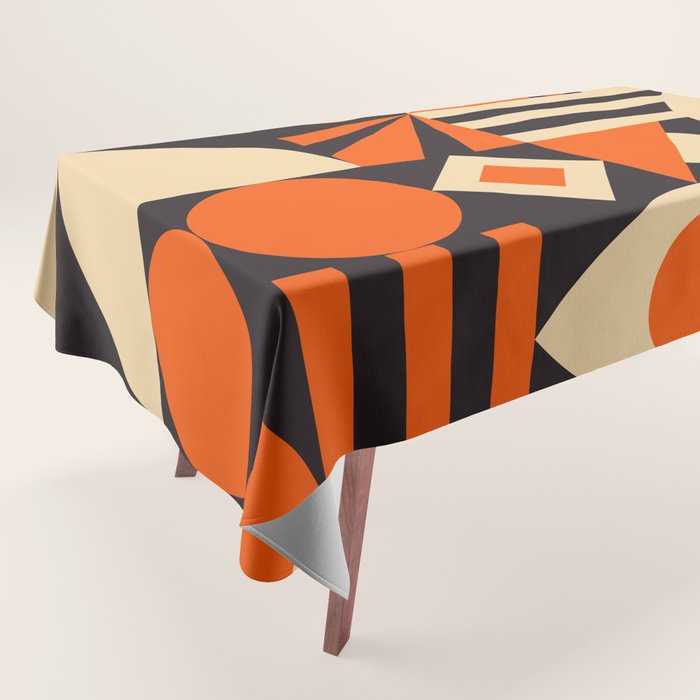 Bauhaus Mid Century Abstract Shapes black and orange  Tablecloth Gallery Image 1