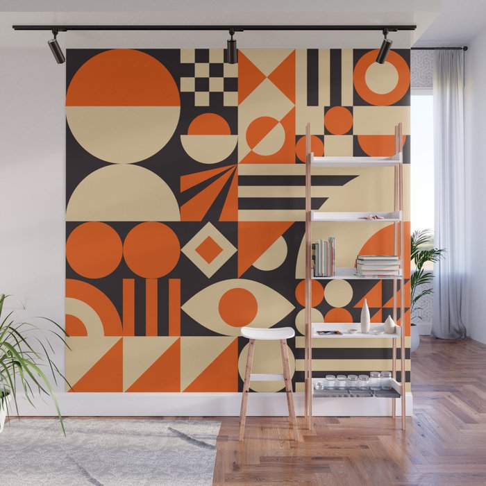 Bauhaus Mid Century Abstract Shapes black and orange  Wall Mural Gallery Image 1