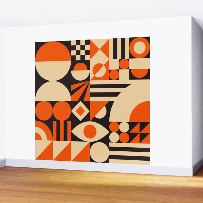 Bauhaus Mid Century Abstract Shapes black and orange  Wall Mural Gallery Image 2