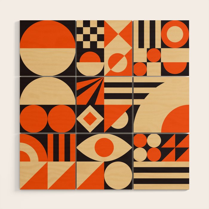 Bauhaus Mid Century Abstract Shapes black and orange  Wood Wall Art Gallery Image 1