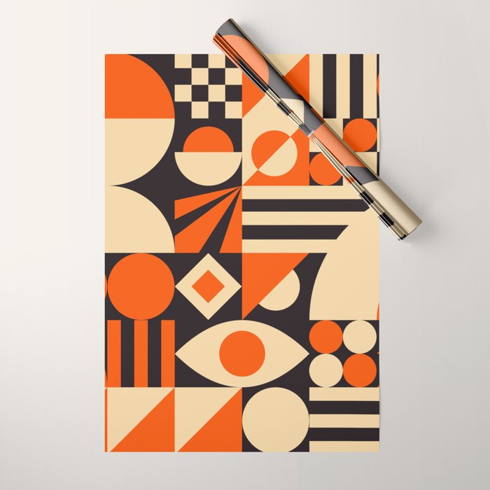 Bauhaus Mid Century Abstract Shapes black and orange  Wrapping Paper Gallery Image 1