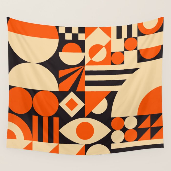 Bauhaus Mid Century Abstract Shapes black and orange  Wall Tapestry Gallery Image 4
