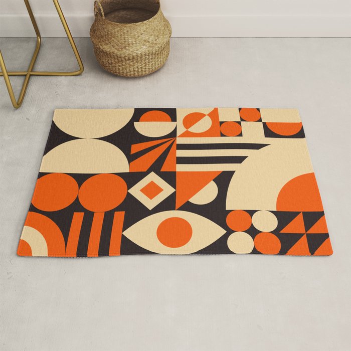 Bauhaus Mid Century Abstract Shapes black and orange  Rug Gallery Image 1