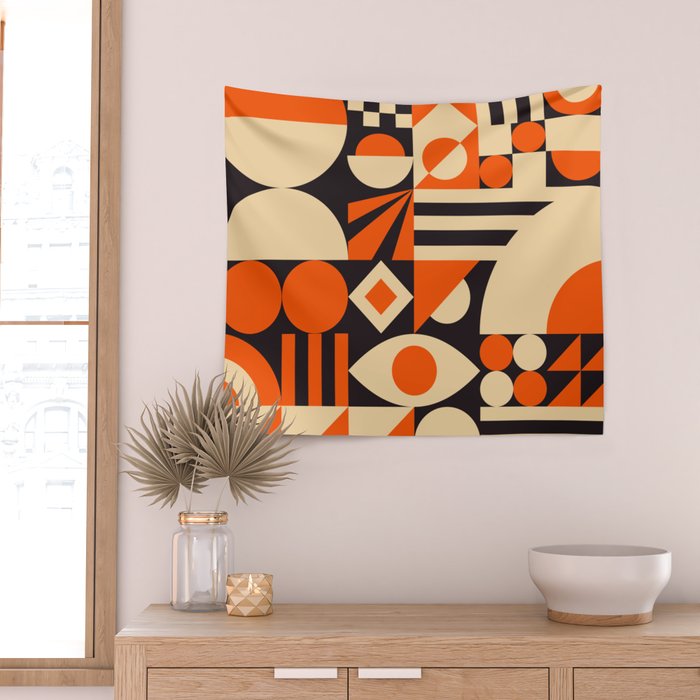 Bauhaus Mid Century Abstract Shapes black and orange  Wall Tapestry Gallery Image 2
