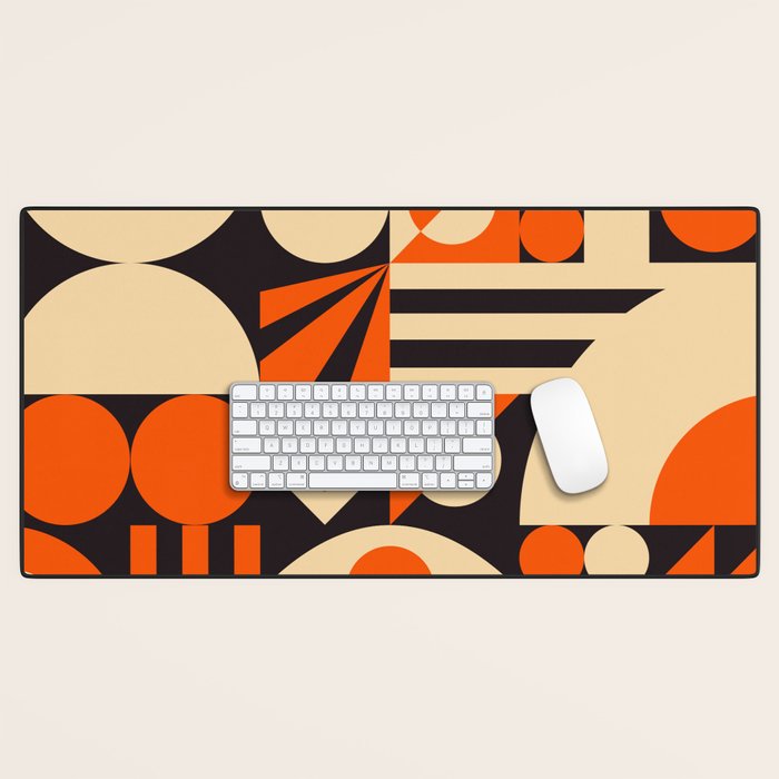 Bauhaus Mid Century Abstract Shapes black and orange  Desk Mat Gallery Image 1