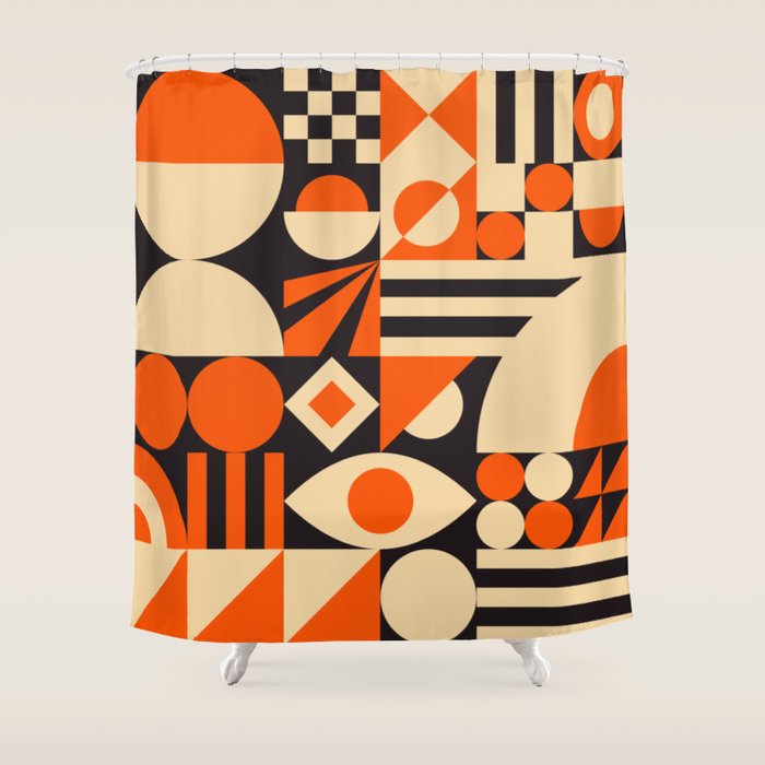Bauhaus Mid Century Abstract Shapes black and orange  Shower Curtain Gallery Image 1