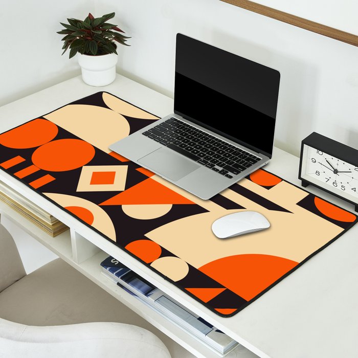 Bauhaus Mid Century Abstract Shapes black and orange  Desk Mat Gallery Image 2