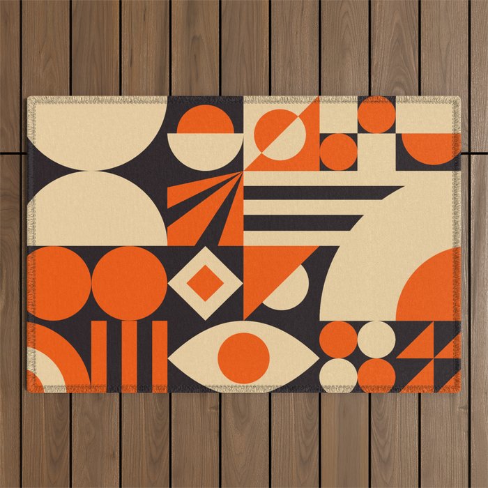 Bauhaus Mid Century Abstract Shapes black and orange  Outdoor Rug Gallery Image 1