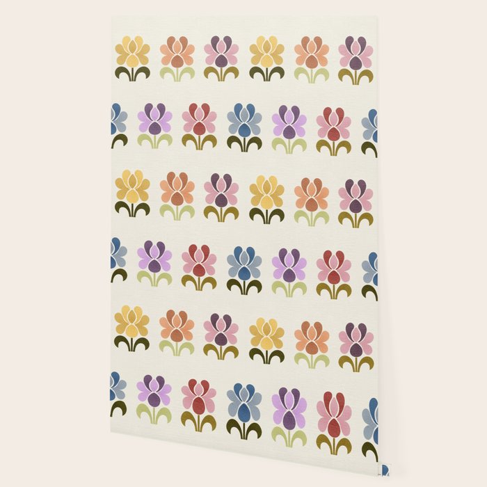 70s Retro Florals Pattern with Linen Texture Wallpaper Gallery Image 2