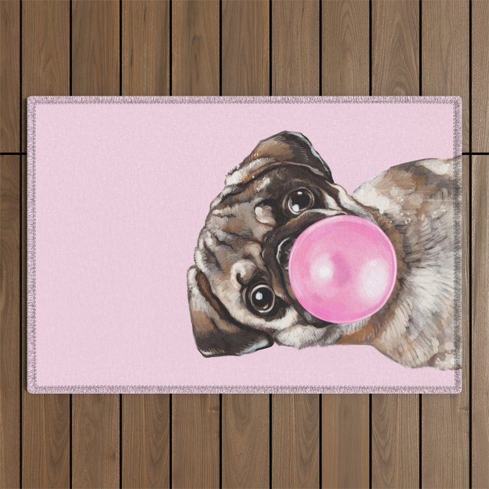 Pug with Pink Bubble Gum Outdoor Rug Gallery Image 1