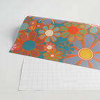 Retro Garden Flowers Vintage 60s 70s Aesthetic Floral Pattern on Blue Wrapping Paper Gallery Image 2