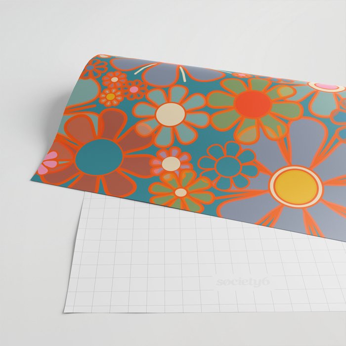 Retro Garden Flowers Vintage 60s 70s Aesthetic Floral Pattern on Blue Wrapping Paper Gallery Image 2