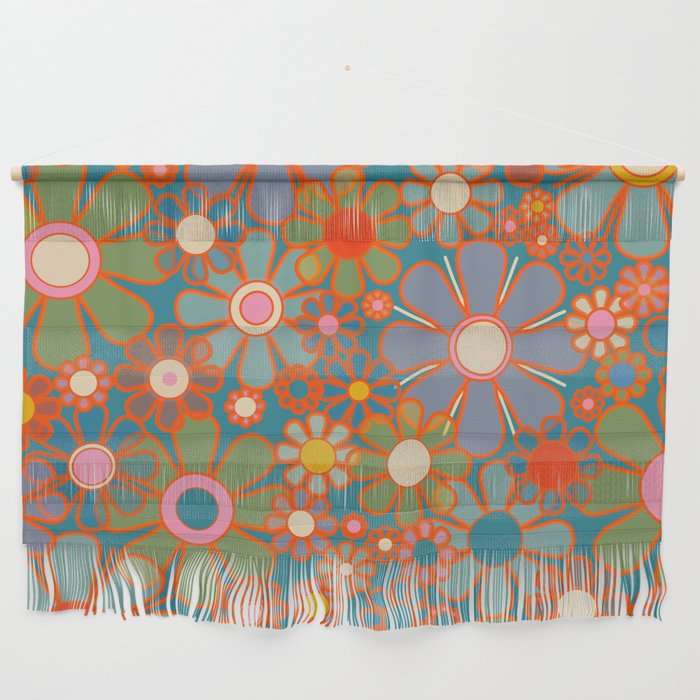 Retro Garden Flowers Vintage 60s 70s Aesthetic Floral Pattern on Blue Wall Hanging Gallery Image 1