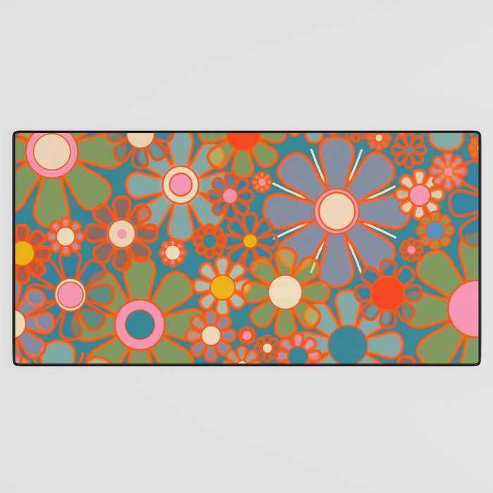 Retro Garden Flowers Vintage 60s 70s Aesthetic Floral Pattern on Blue Desk Mat Gallery Image 3