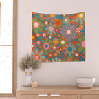 Retro Garden Flowers Vintage 60s 70s Aesthetic Floral Pattern on Blue Wall Tapestry Gallery Image 2