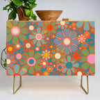Retro Garden Flowers Vintage 60s 70s Aesthetic Floral Pattern on Blue Credenza Gallery Image 1